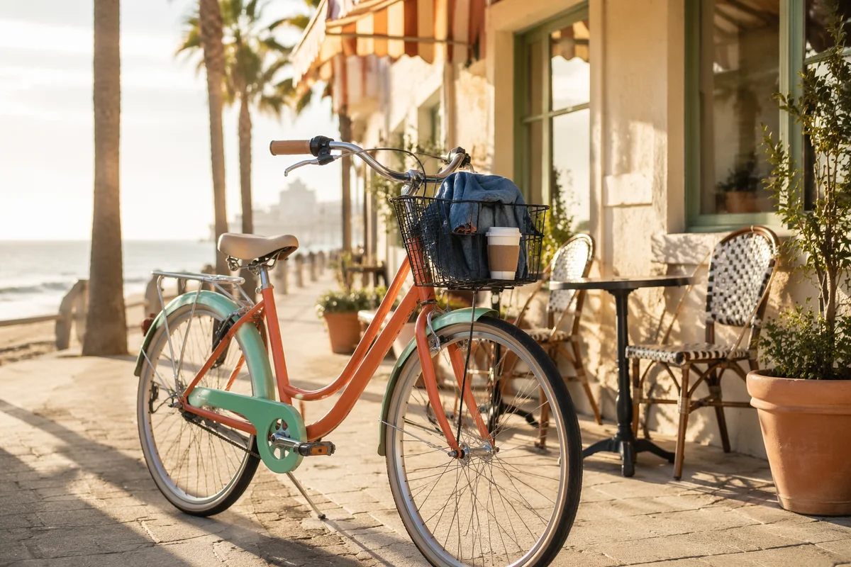 Sunny Morning Bicycle Outside Coastal Cafe