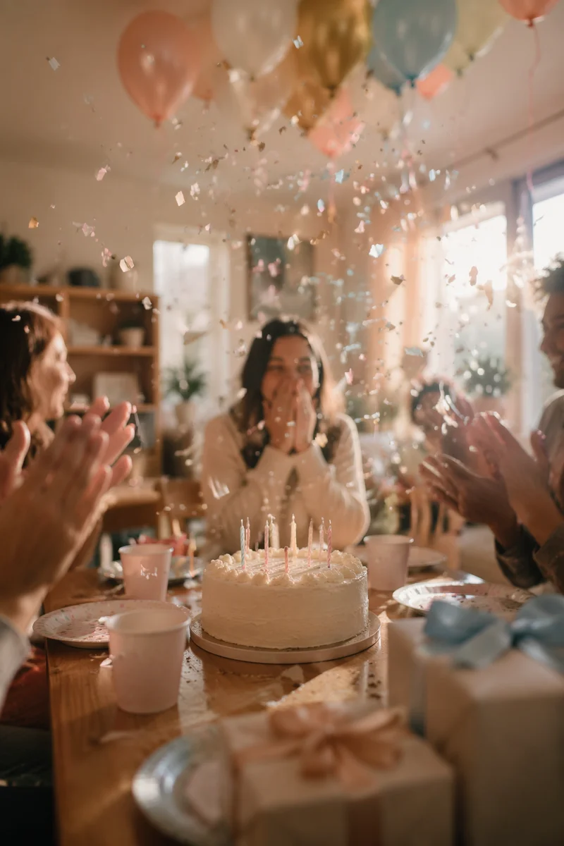 Cozy Birthday Celebration with Balloons and Confetti