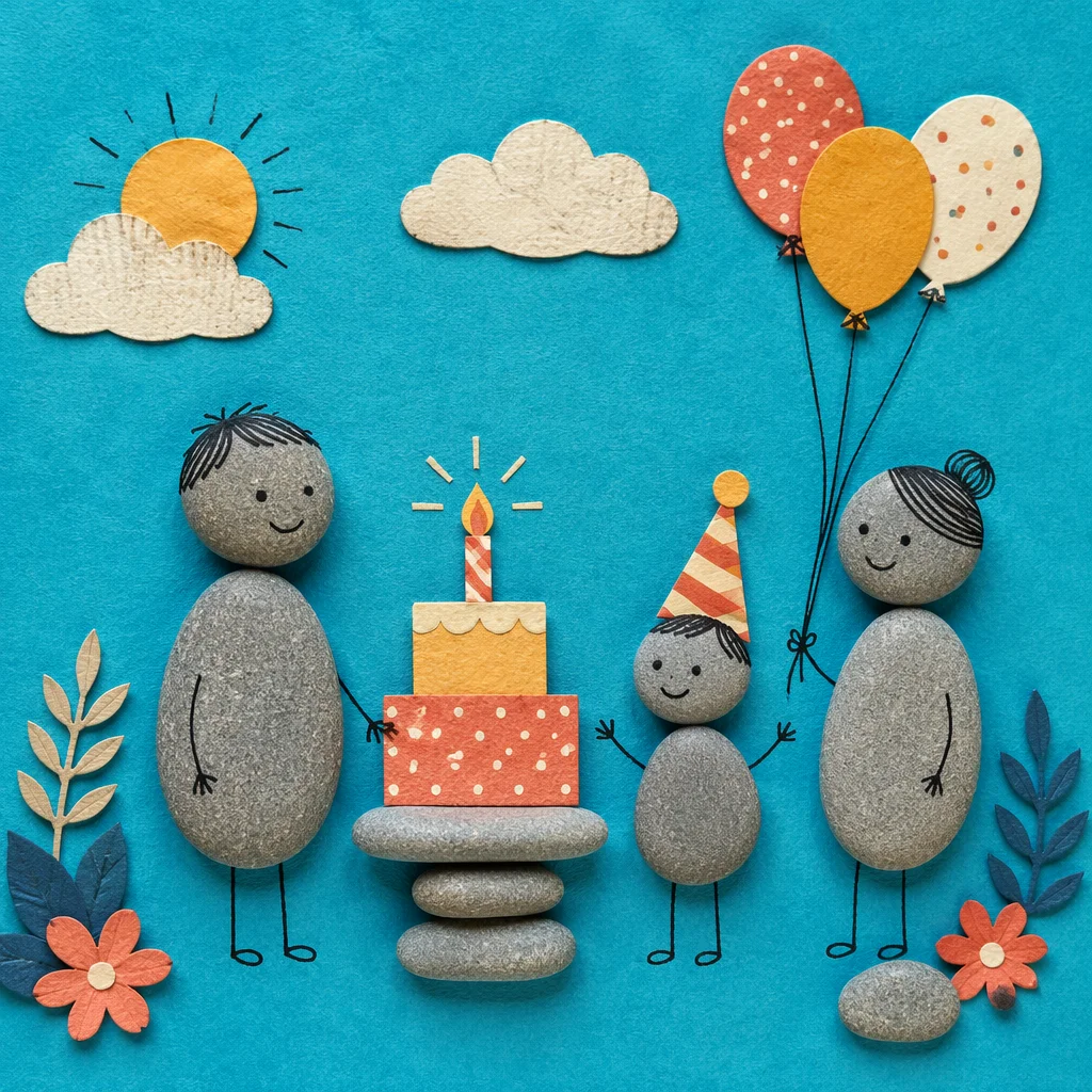 Whimsical Pebble Family Birthday Celebration Flat Lay