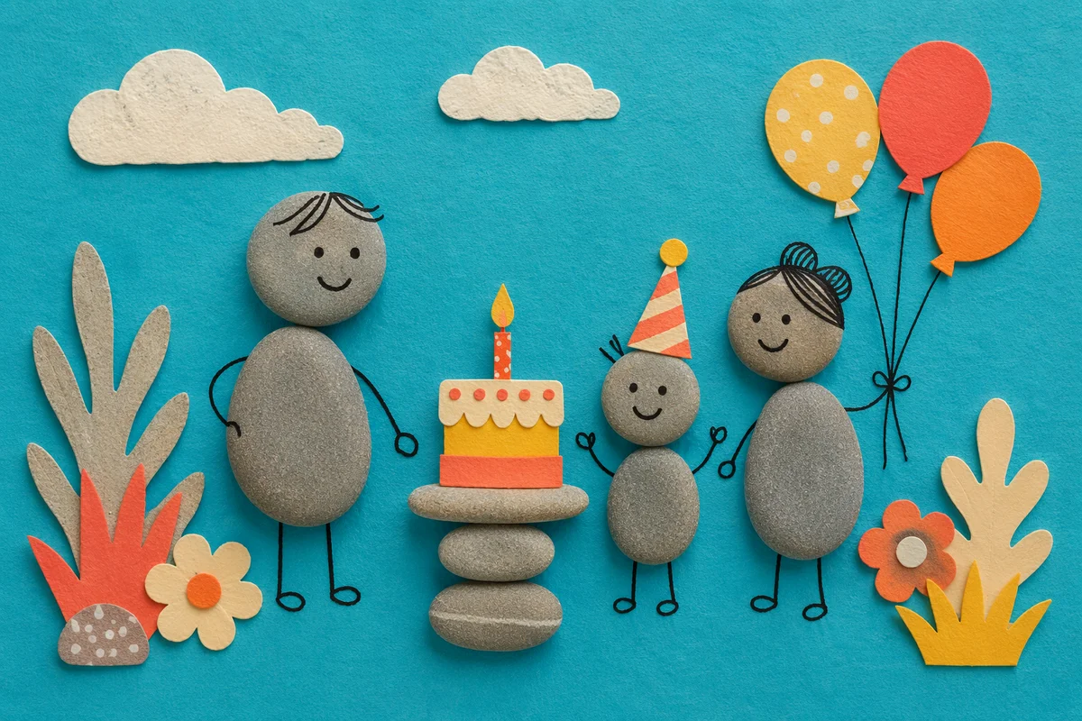 Whimsical Pebble Family Birthday Celebration Flat Lay