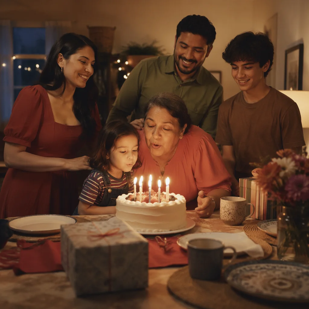 Family Birthday Celebration Around Candlelit Cake