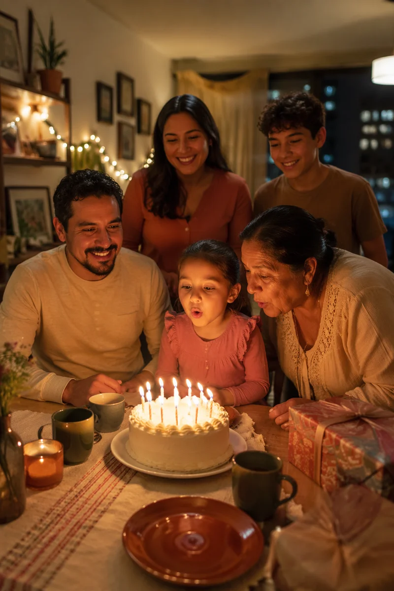 Family Birthday Celebration Around Candlelit Cake