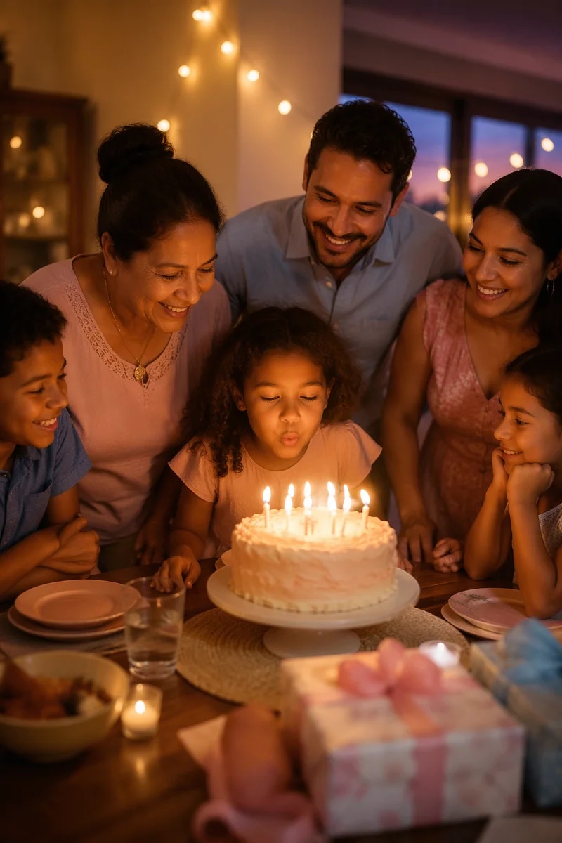 Family Birthday Celebration Around Candlelit Cake