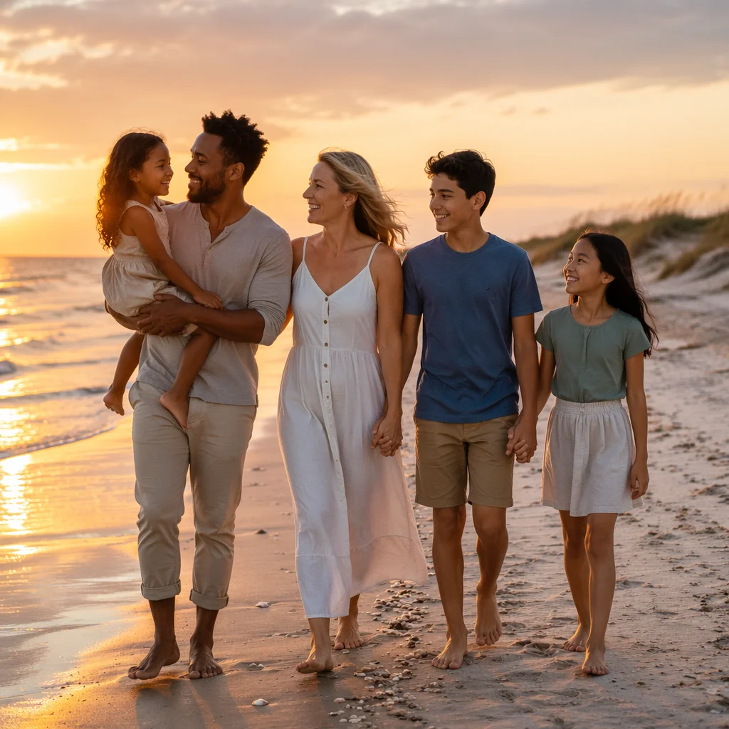 Blended Family Walking on Beach at Sunset