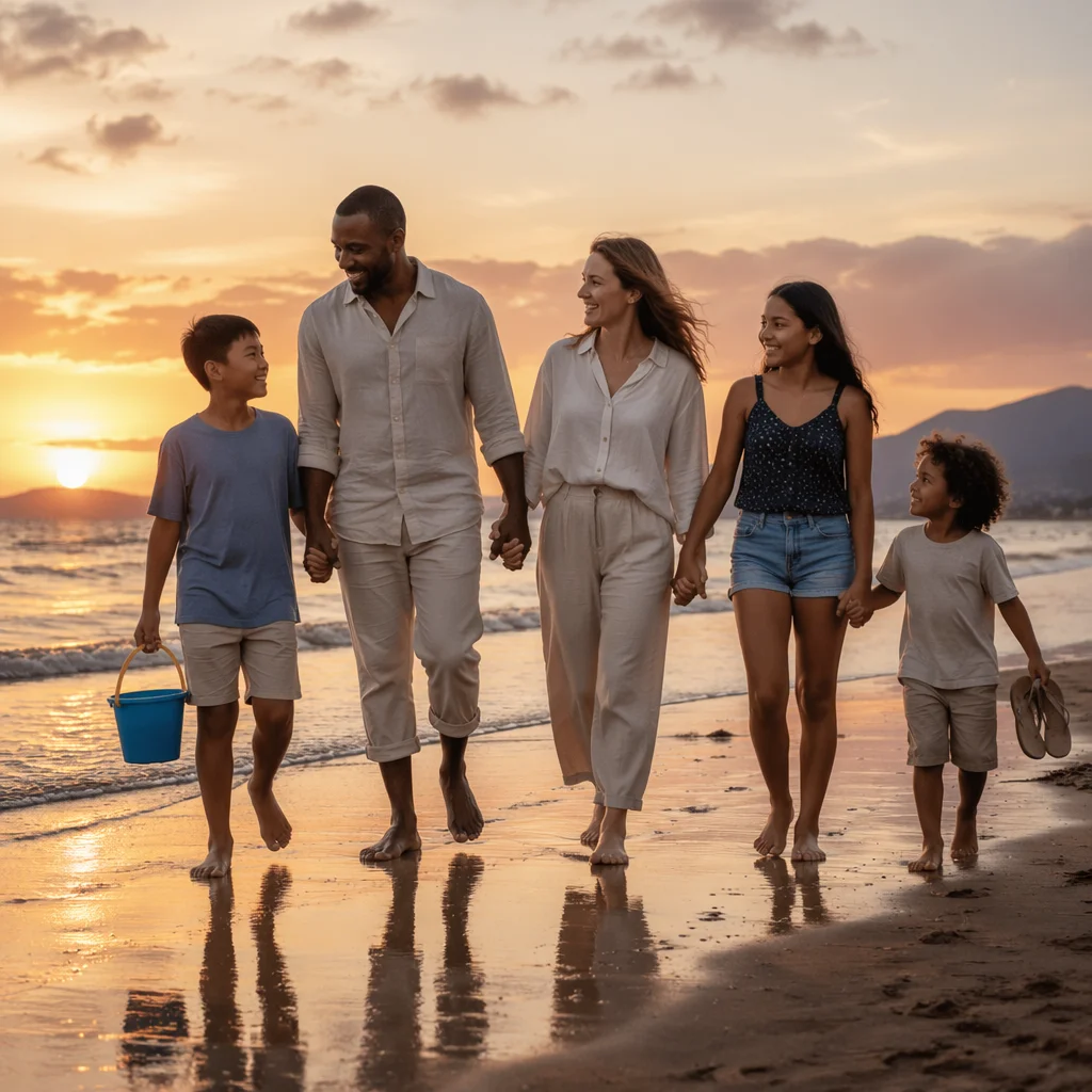 Family Walking Along Beach at Sunset