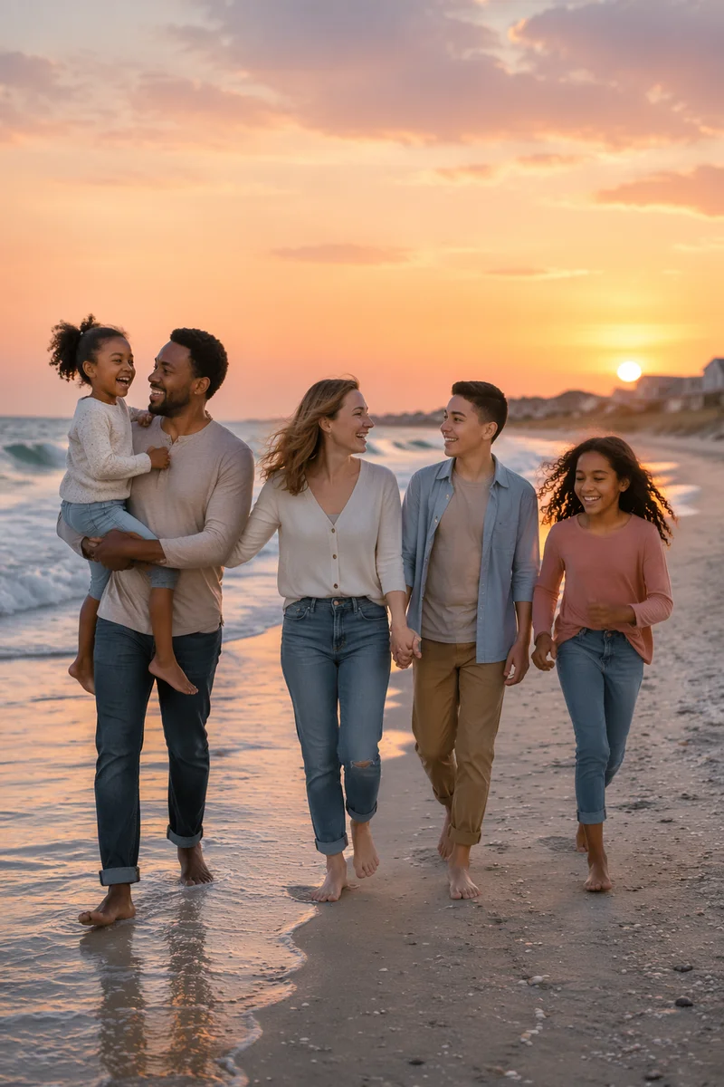 Blended Family Walking on Beach at Sunset