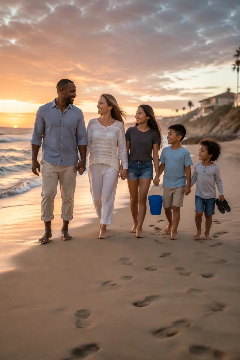 Family Walking Along Beach at Sunset