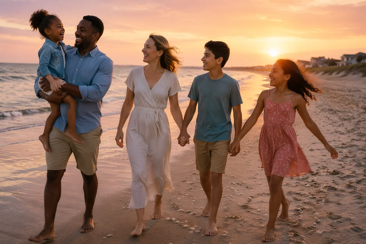 Family Walking on Beach at Sunset