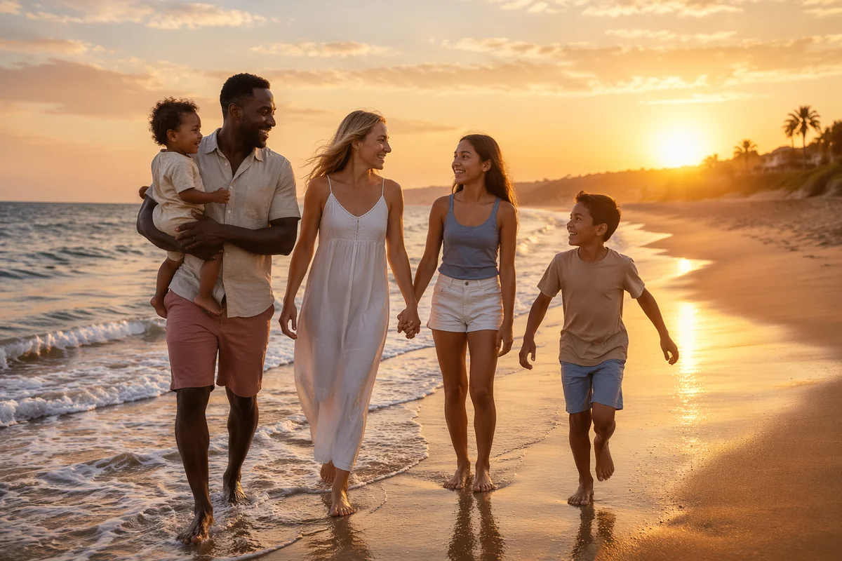 Multigenerational Family Walking on Beach at Sunset