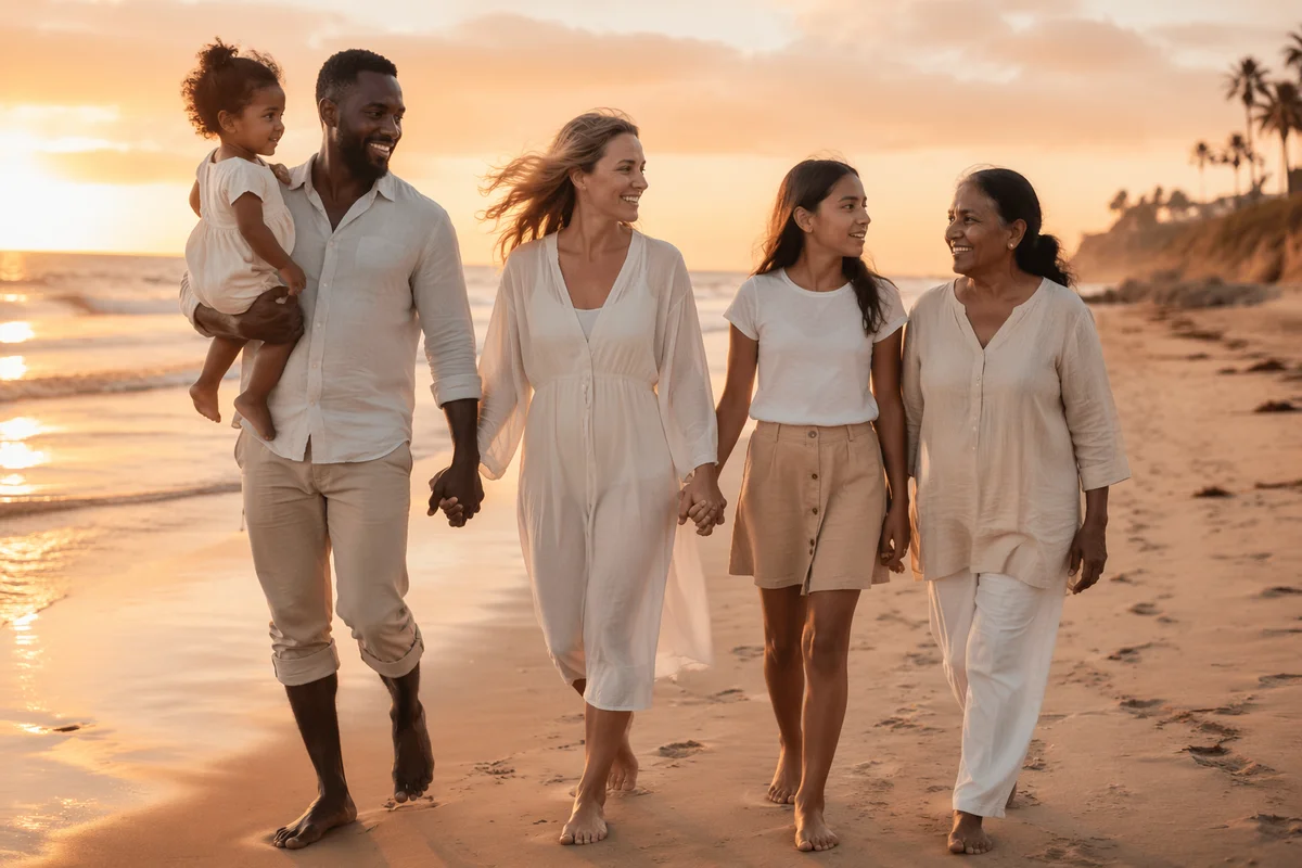 Multigenerational Family Walking on Beach at Sunset