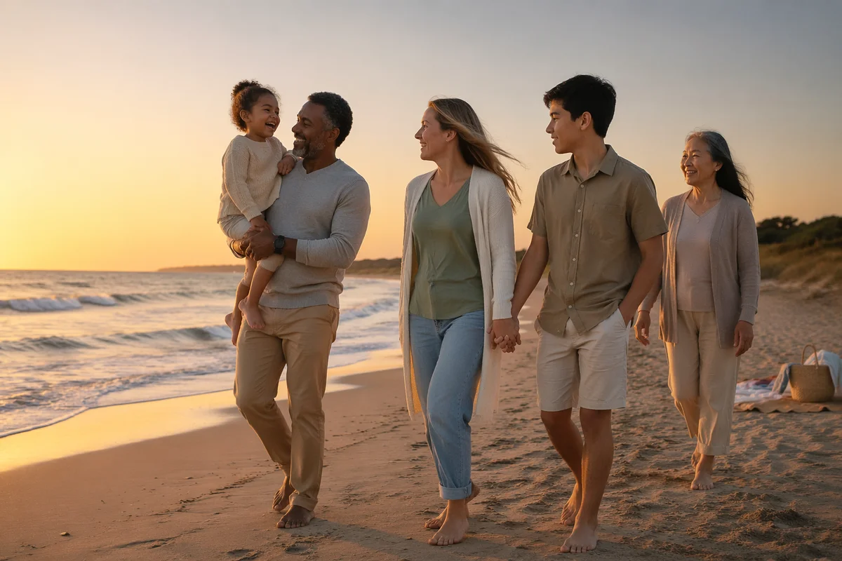 Blended Family Walking on Beach at Sunset