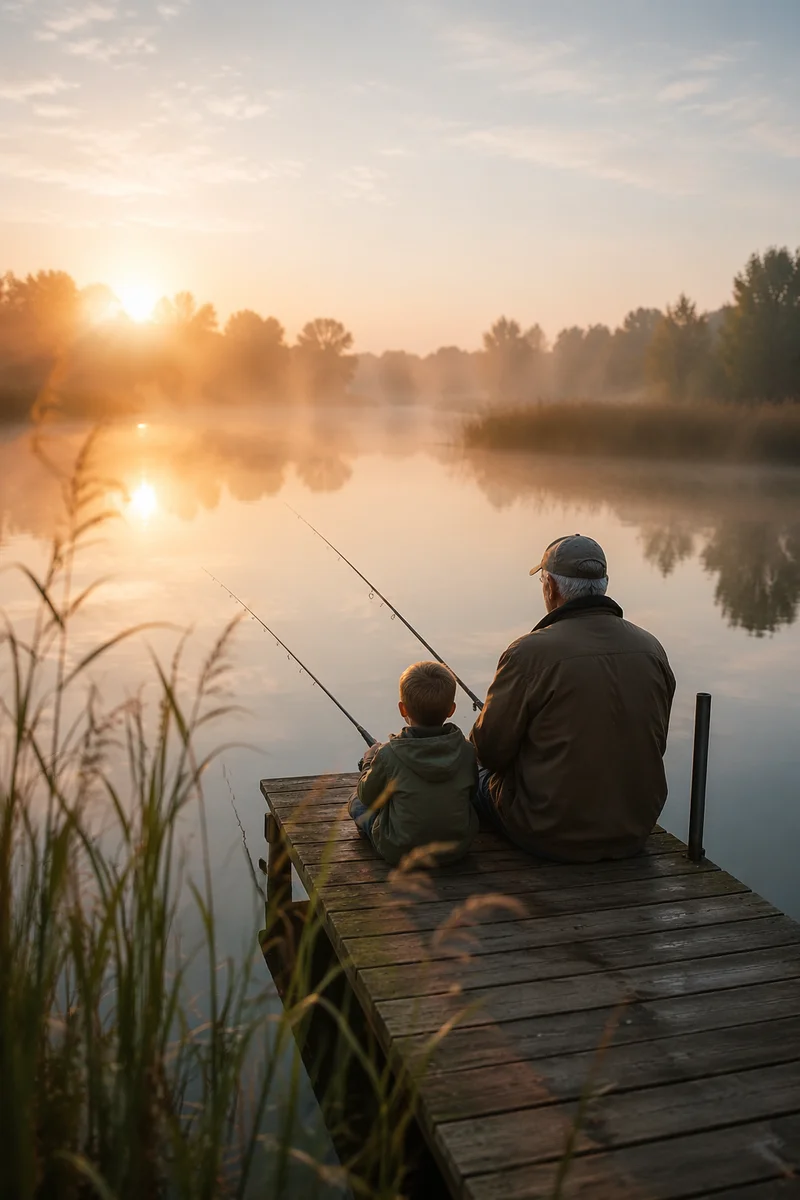 Grandfather and Boy Fishing at Sunrise