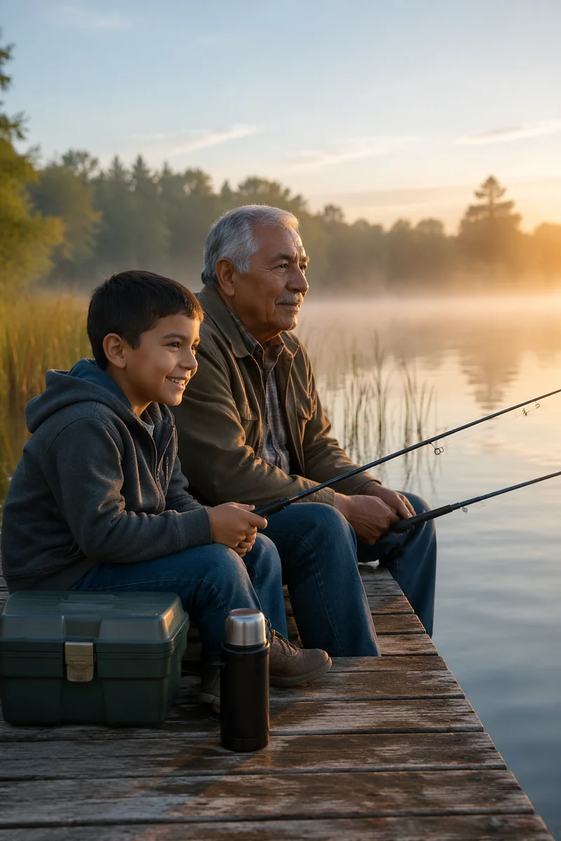 Grandfather and Boy Fishing at Sunrise