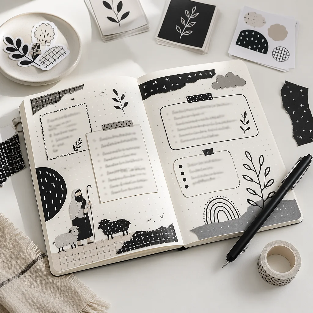 Monochrome Bullet Journal Flat Lay with Washi Tape