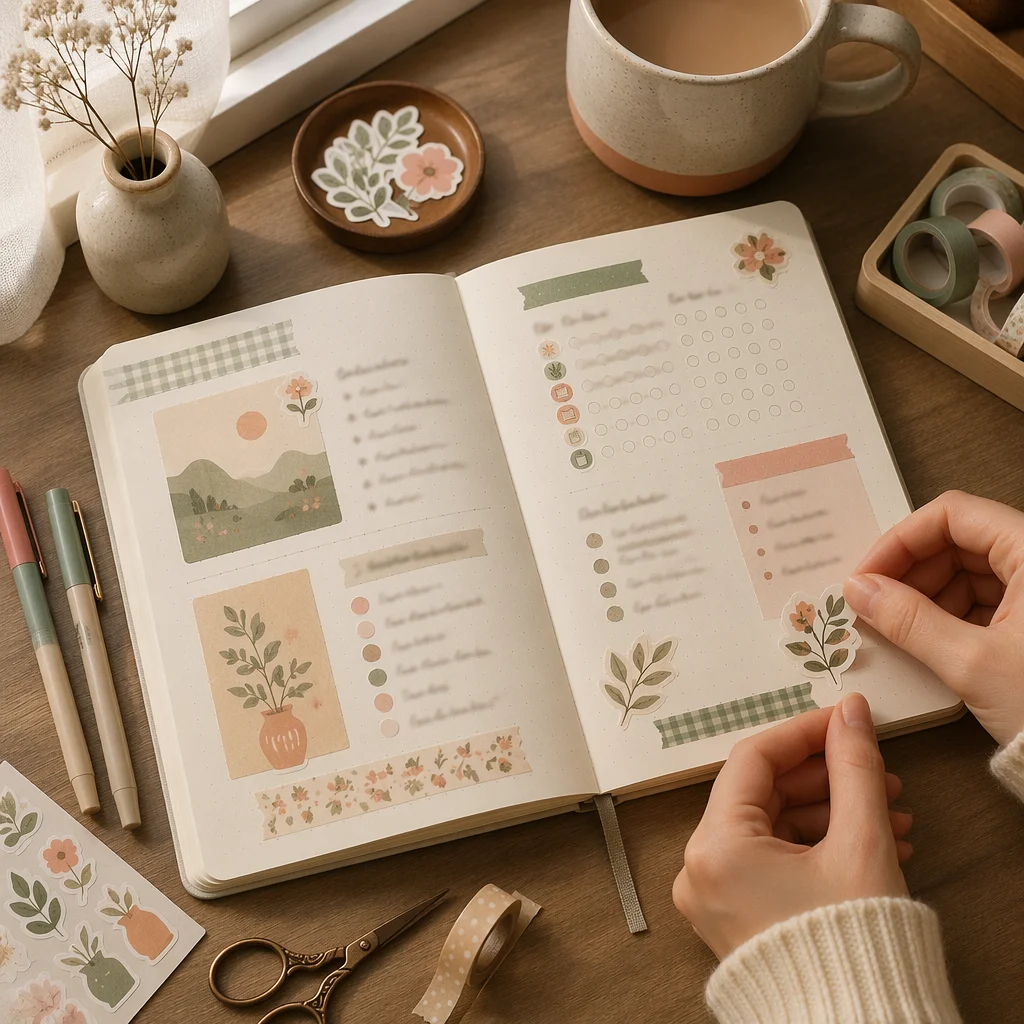 Cozy Bullet Journal Desk with Pastel Stickers