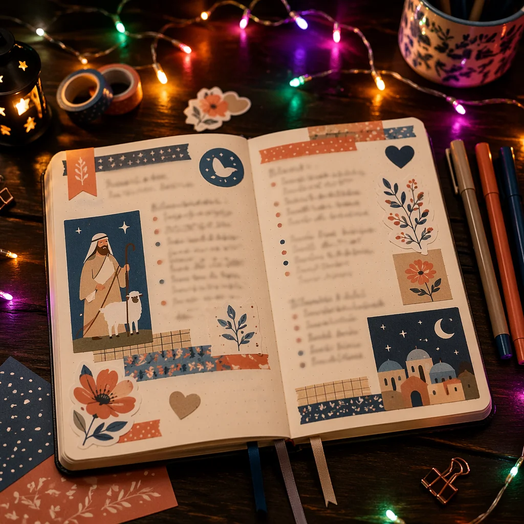 Cozy Bullet Journal Flat Lay with Stickers
