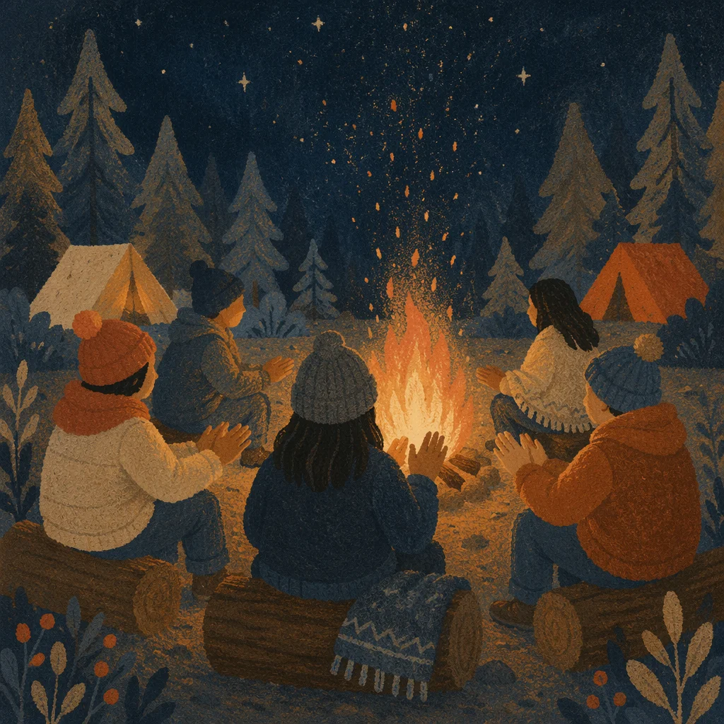 Friends Around Campfire in Forest Night