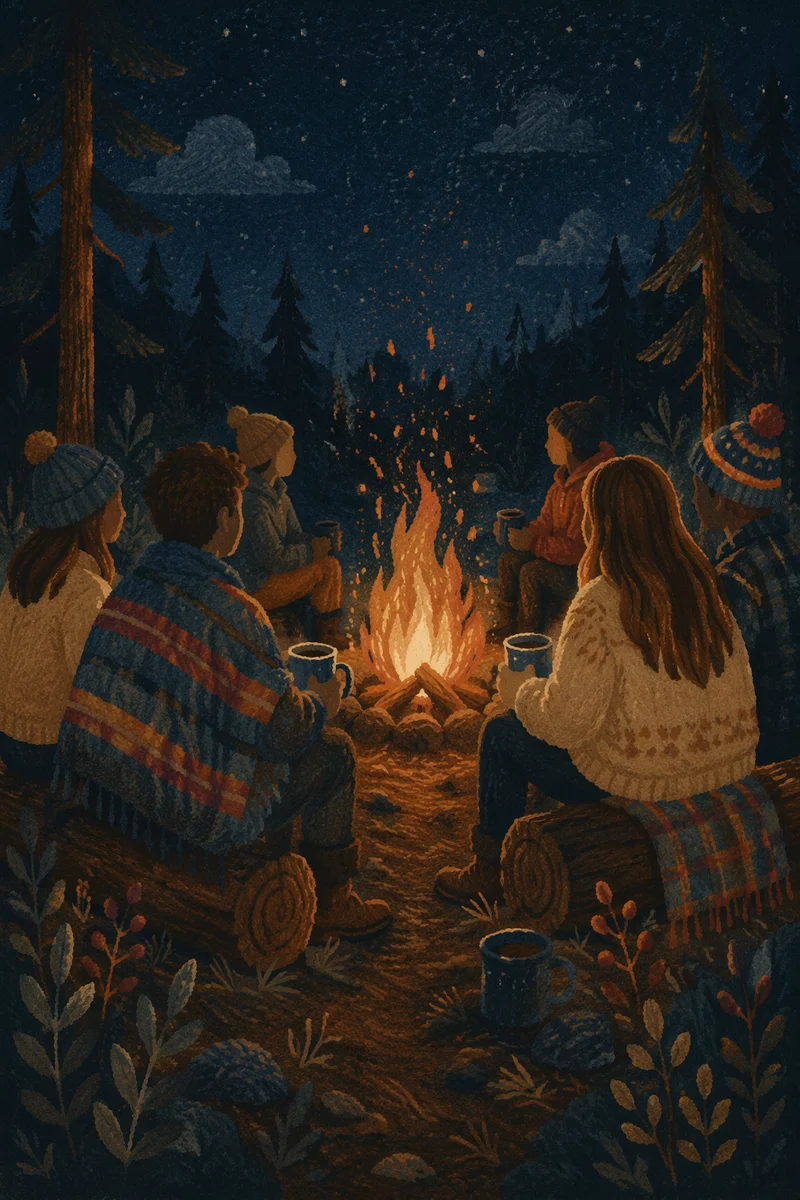 Friends Around Campfire in Forest Night