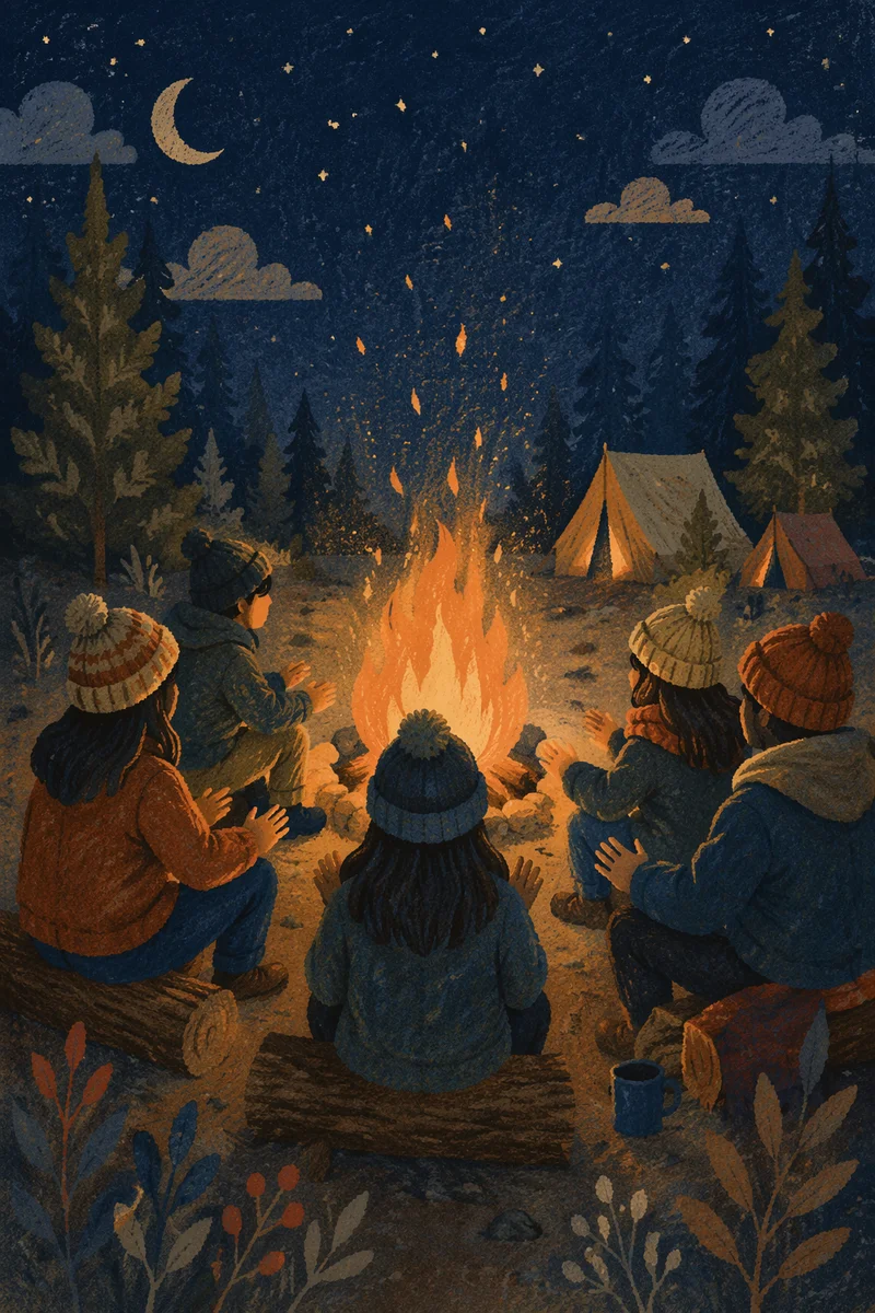 Friends Around Campfire in Forest Night