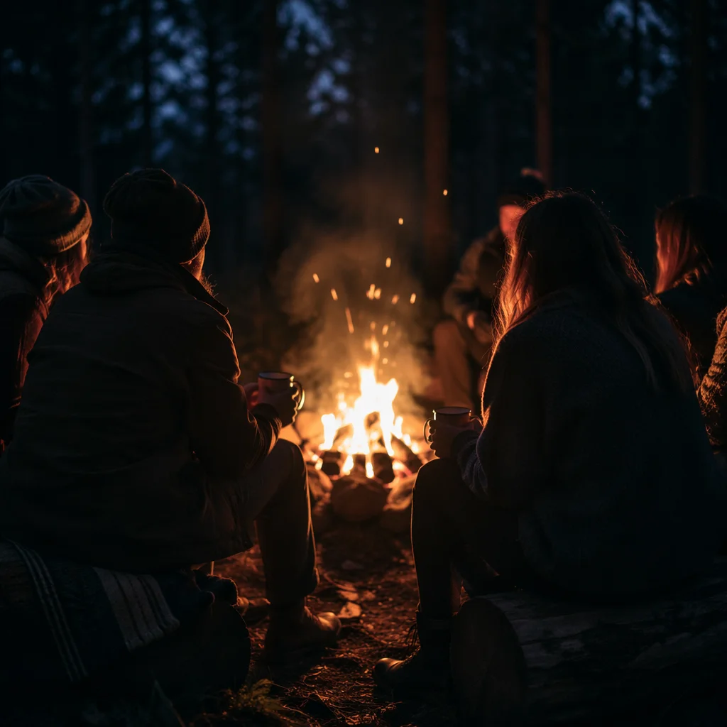Friends Around Campfire in Forest Night