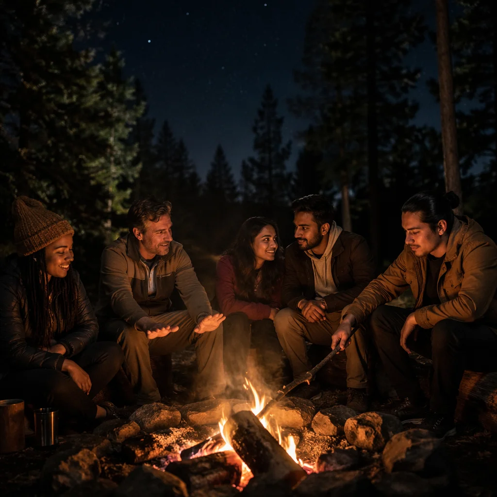 Friends Around Campfire in Forest Night