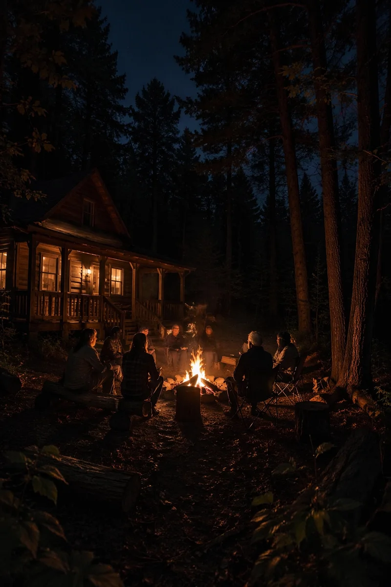 Cozy Campfire Circle by Forest Cabin