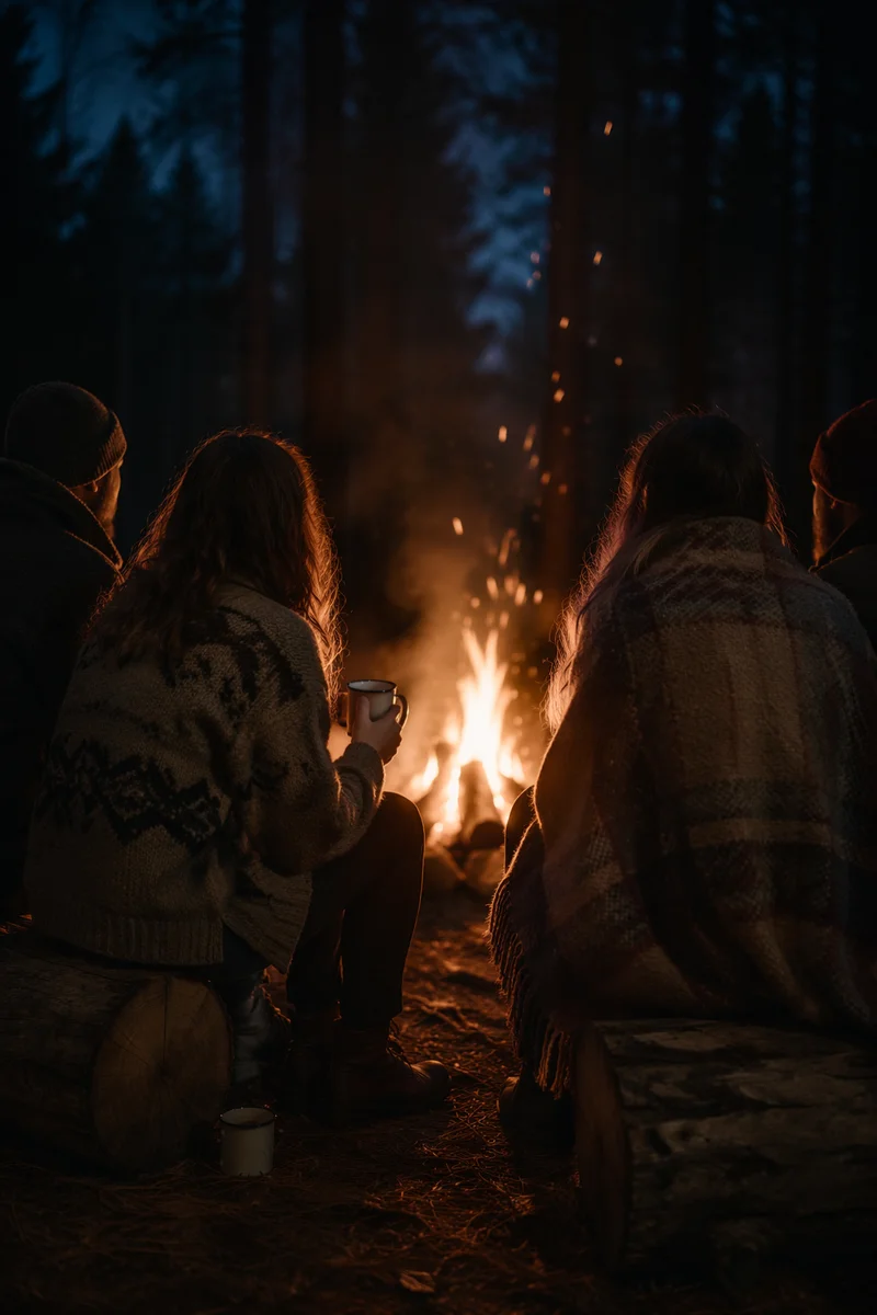 Friends Around Campfire in Forest Night
