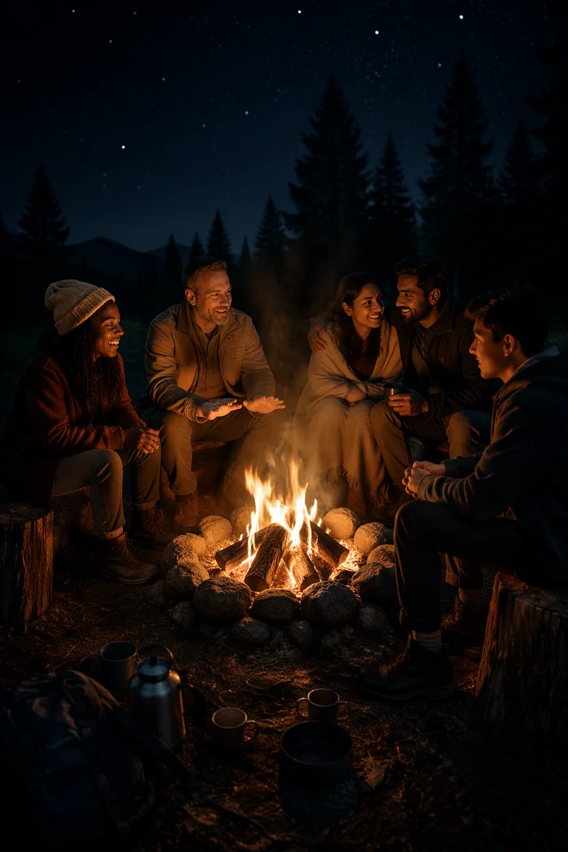 Friends Around Campfire in Forest Night