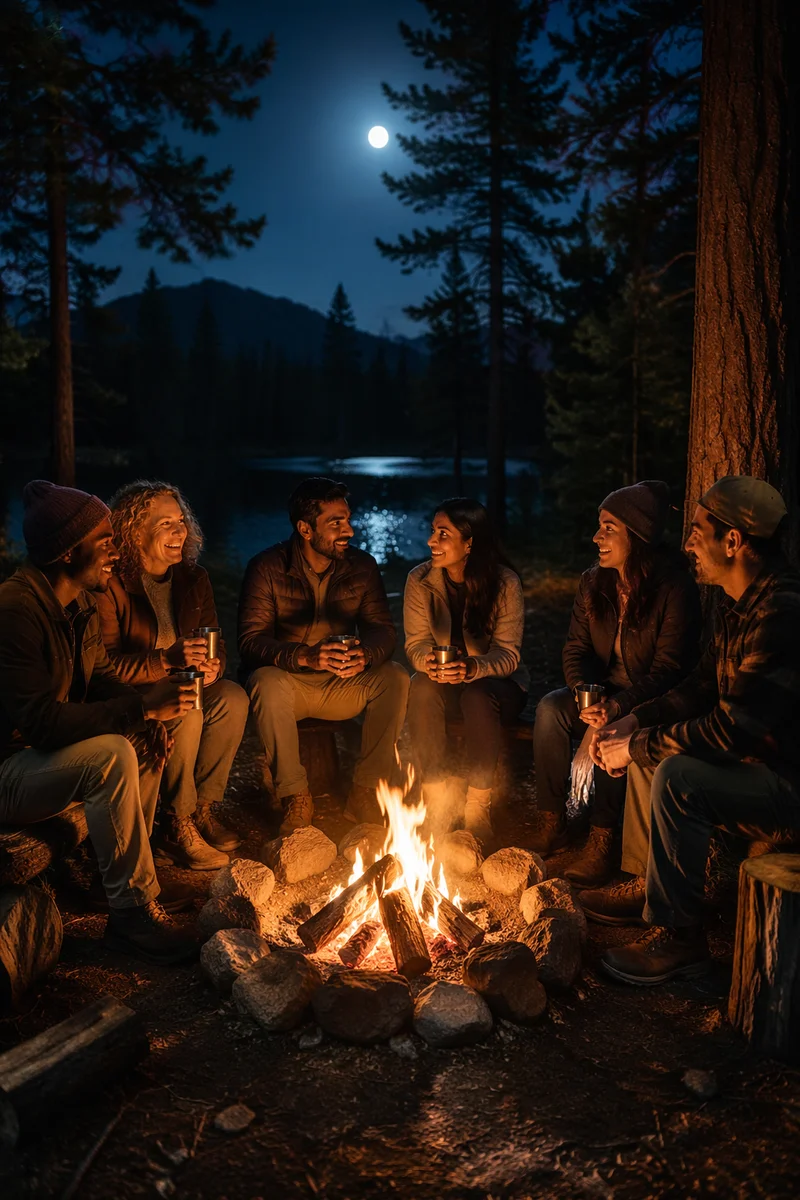 Friends Around Campfire by Forest Lake