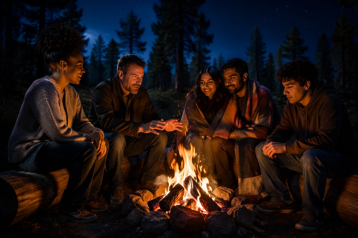 Friends Around Campfire in Forest at Night
