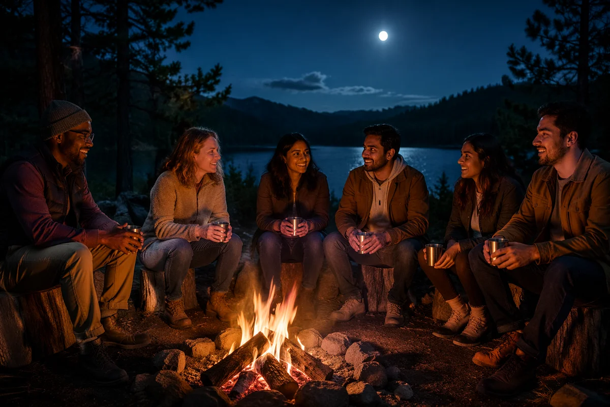 Friends Around Campfire by Lakeside Night