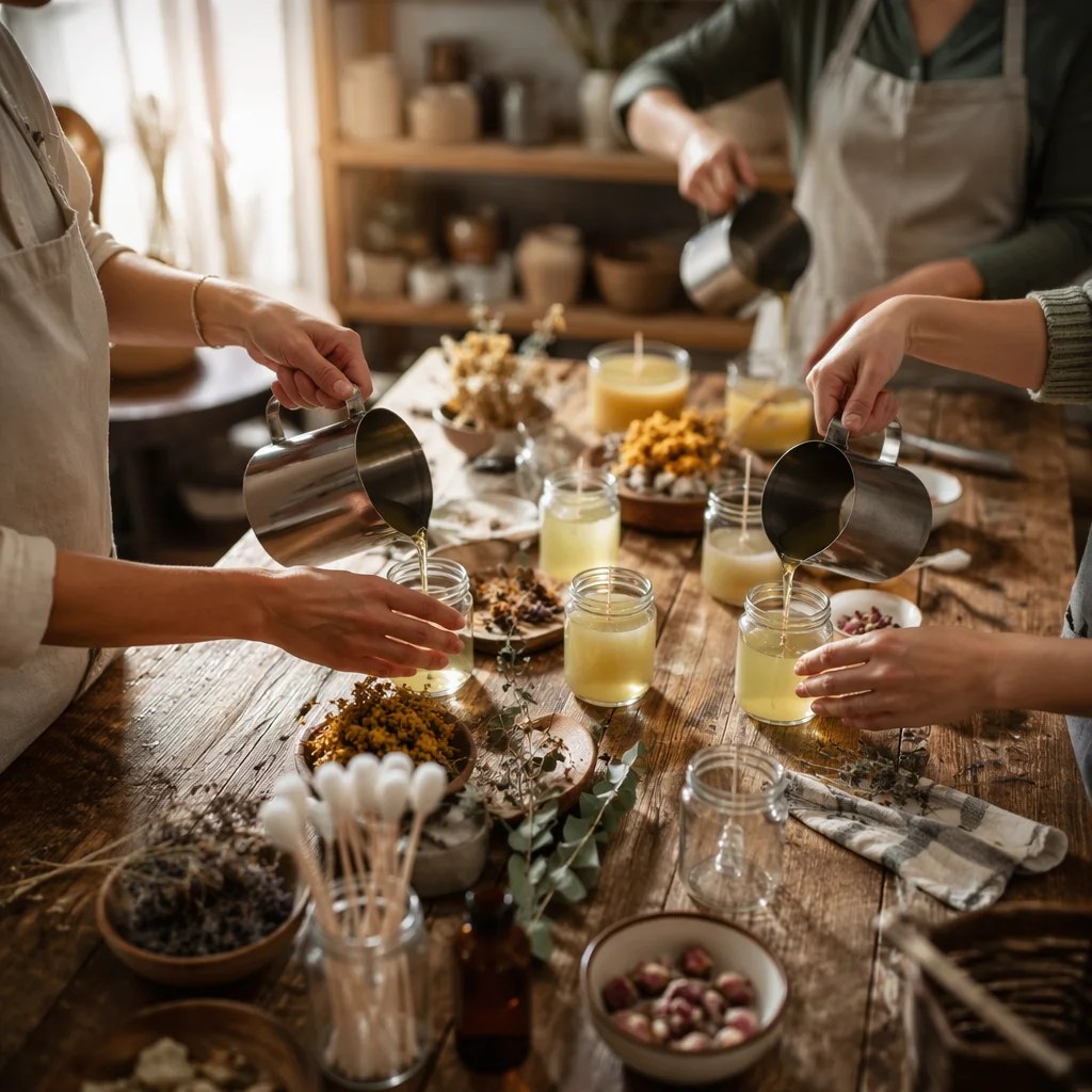 Hands Pouring Wax in Cozy Workshop