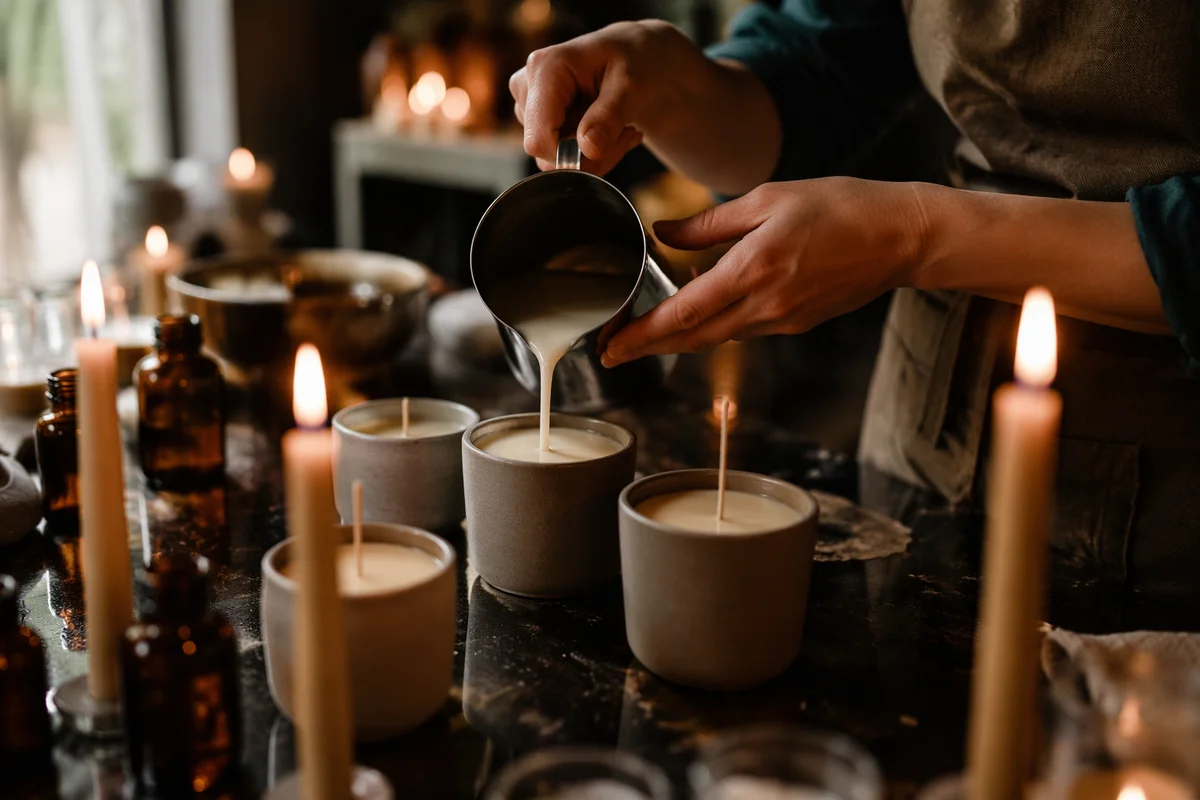 Warm Candle Making Workshop Hands Pouring Wax