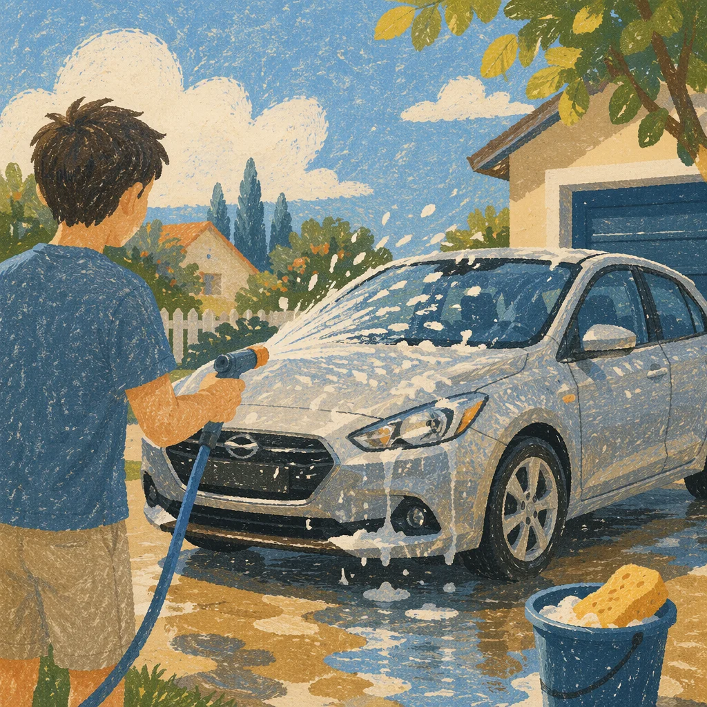 Sunny Car Wash Splash in Driveway