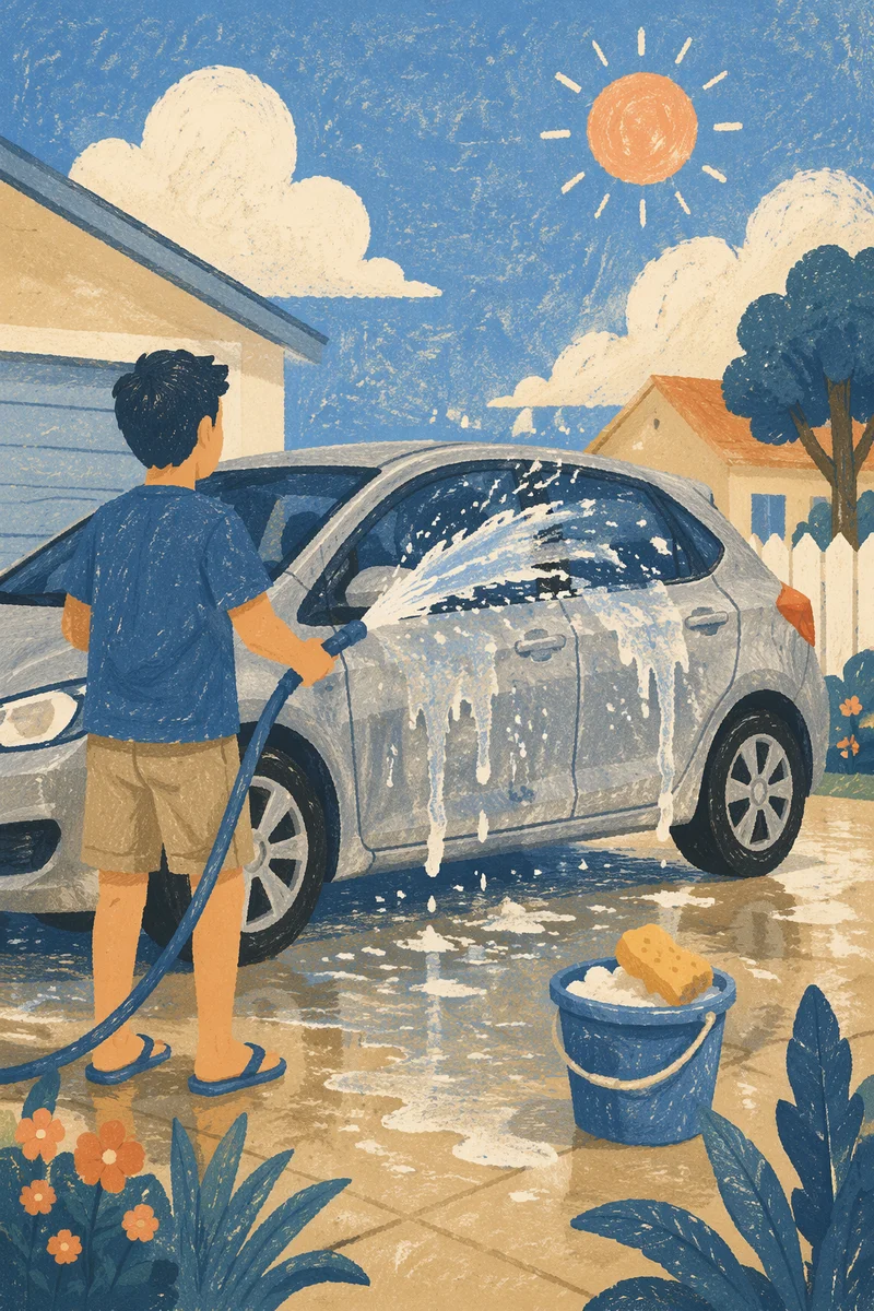 Sunny Driveway Car Wash Water Splash