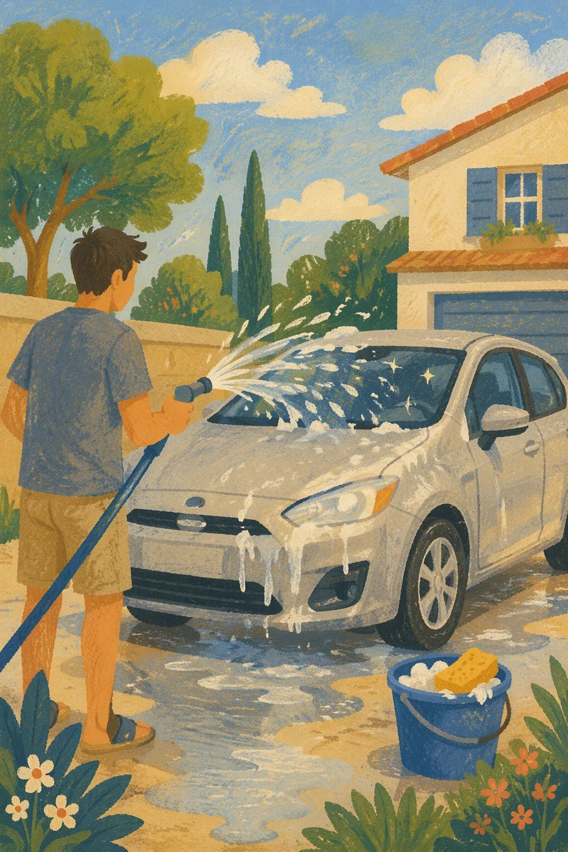 Sunny Driveway Car Wash Water Splash
