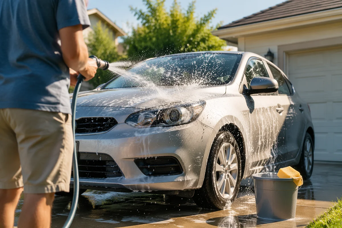 Sunny Driveway Car Wash Water Splash