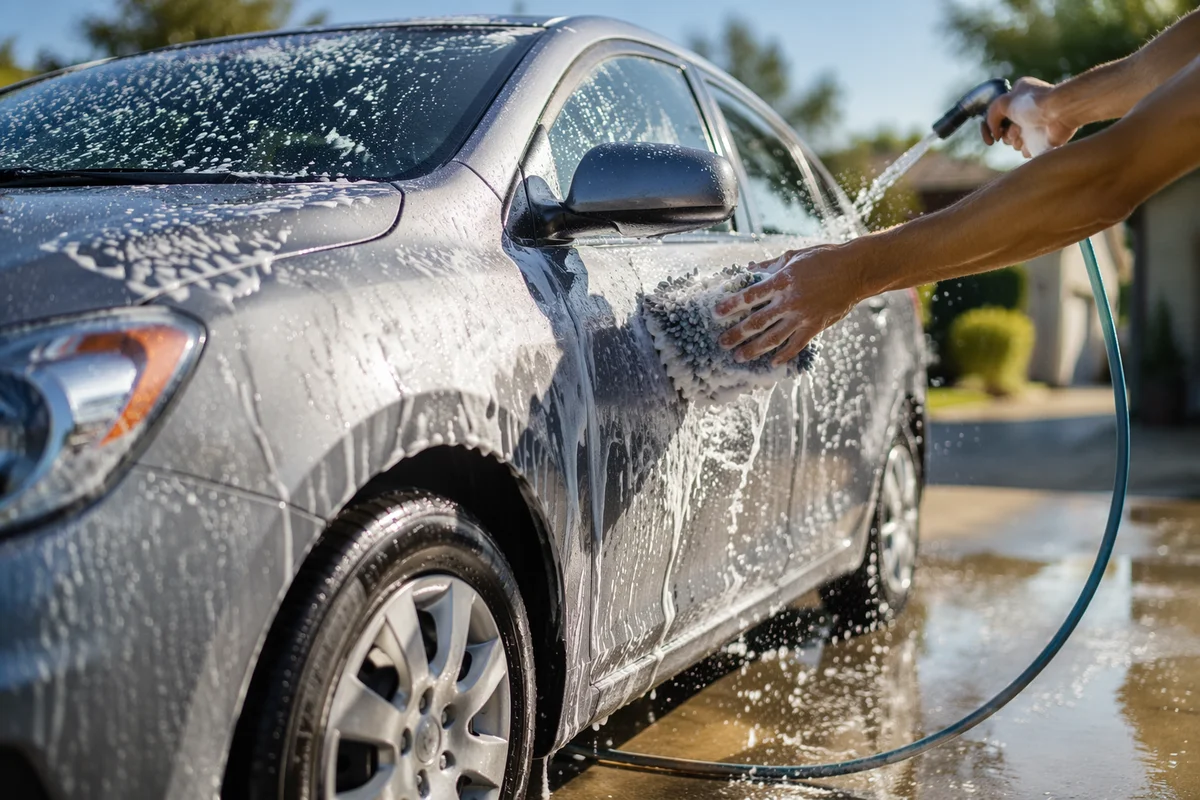 Sunny Driveway Car Wash Water Splash