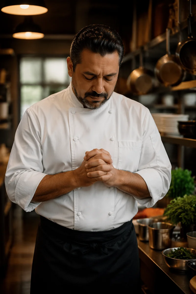 Chef Praying in Restaurant Kitchen