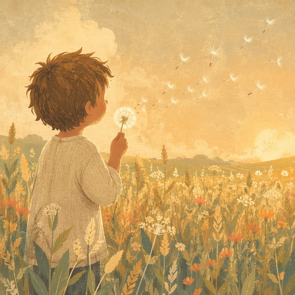 Child Blowing Dandelion Seeds at Sunset