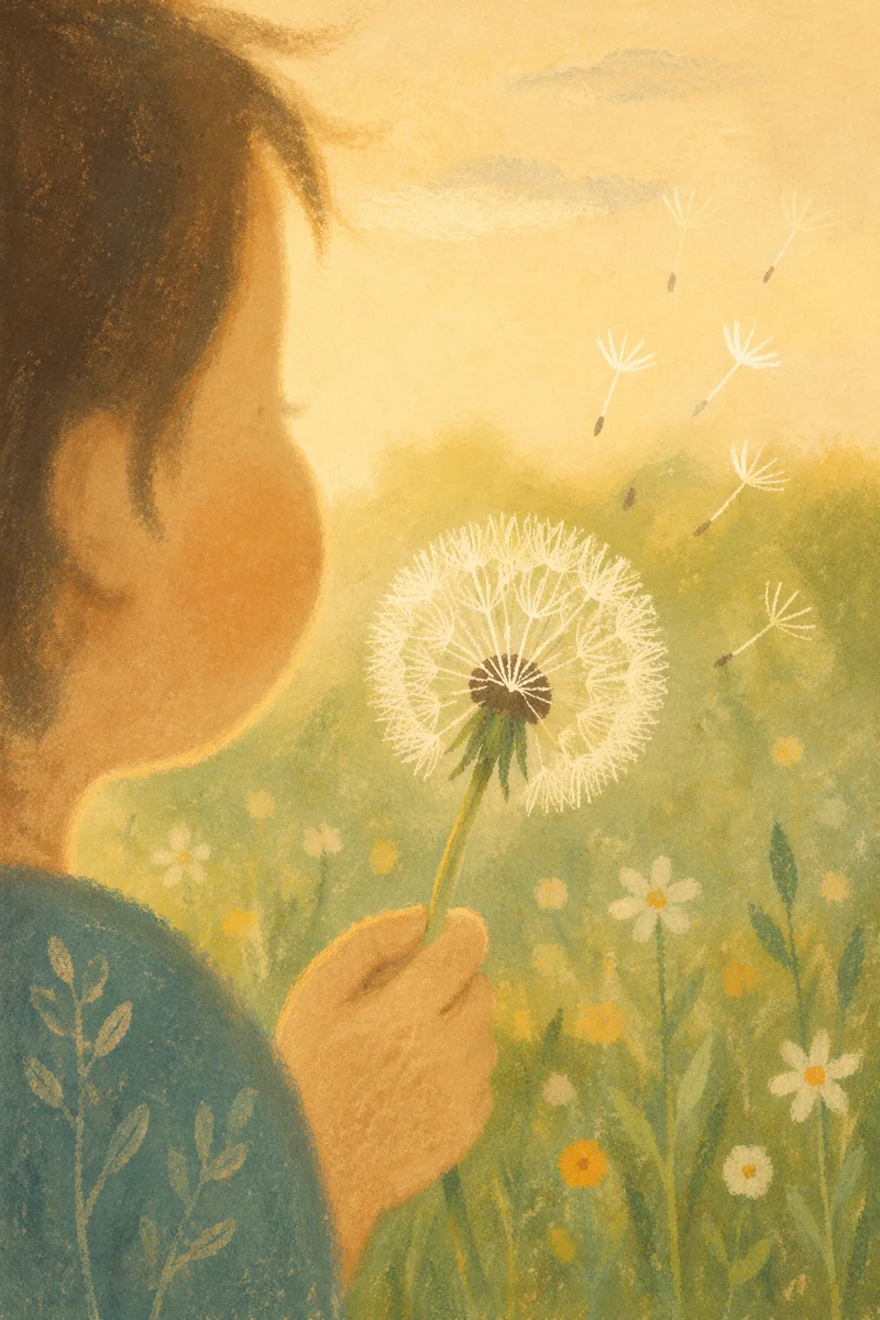 Child Blowing Dandelion in Summer Meadow