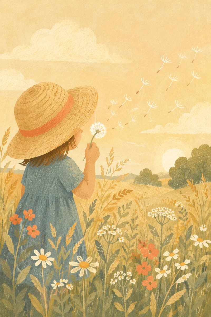 Child Blowing Dandelion Seeds in Summer Meadow