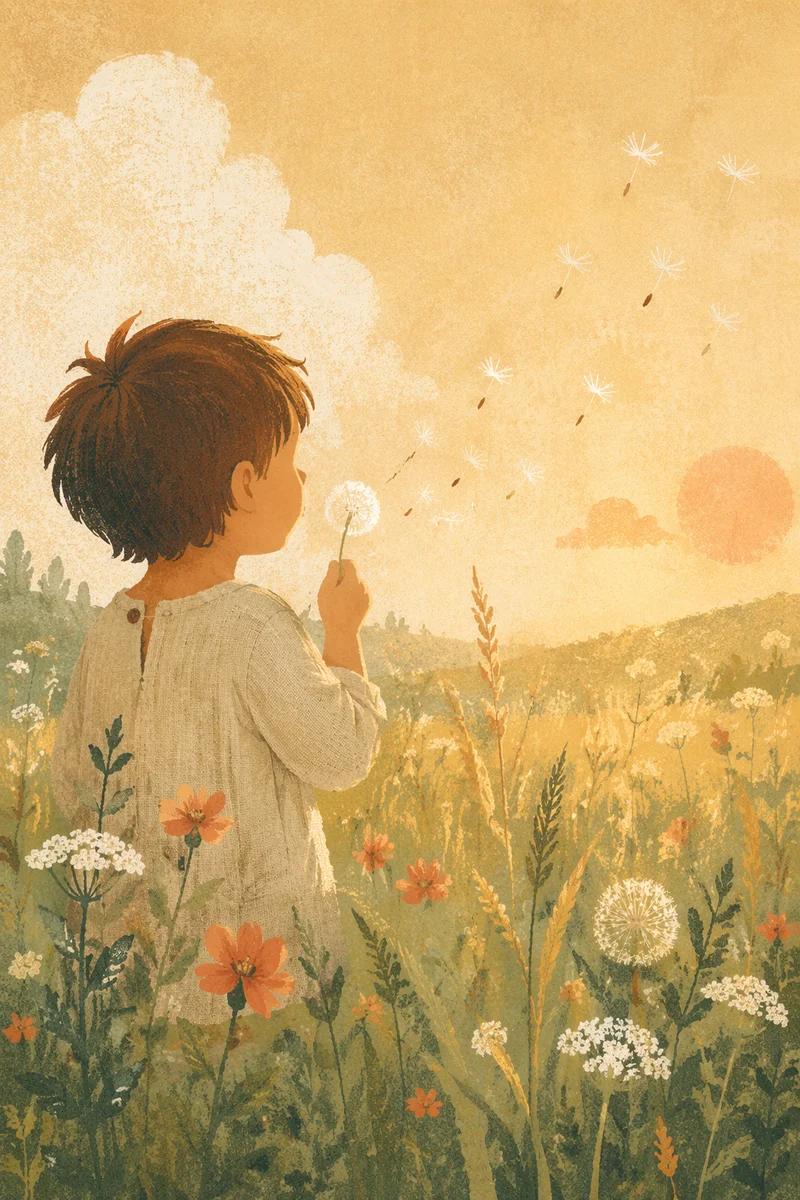 Child Blowing Dandelion Seeds at Sunset