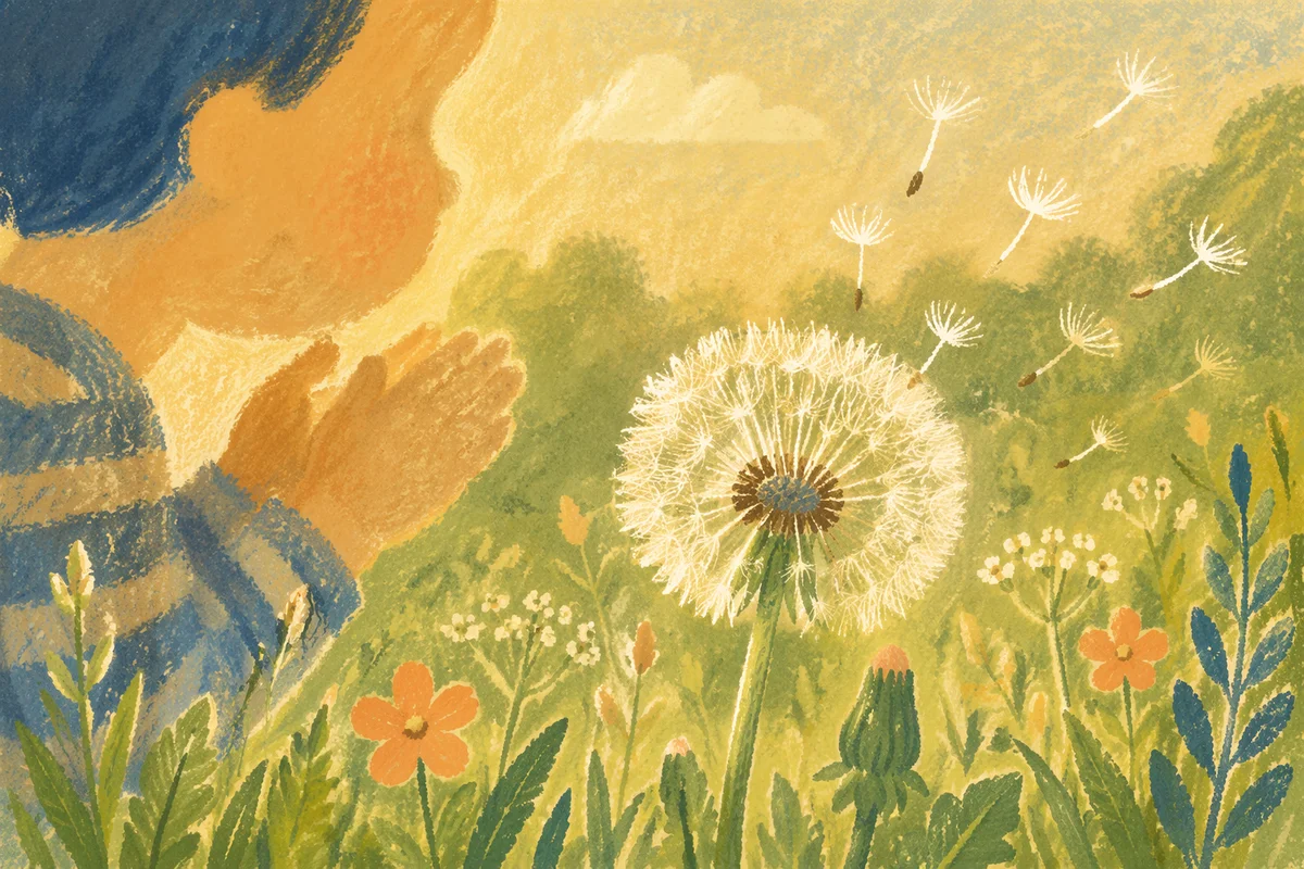 Child Blowing Dandelion Seeds in Summer Meadow