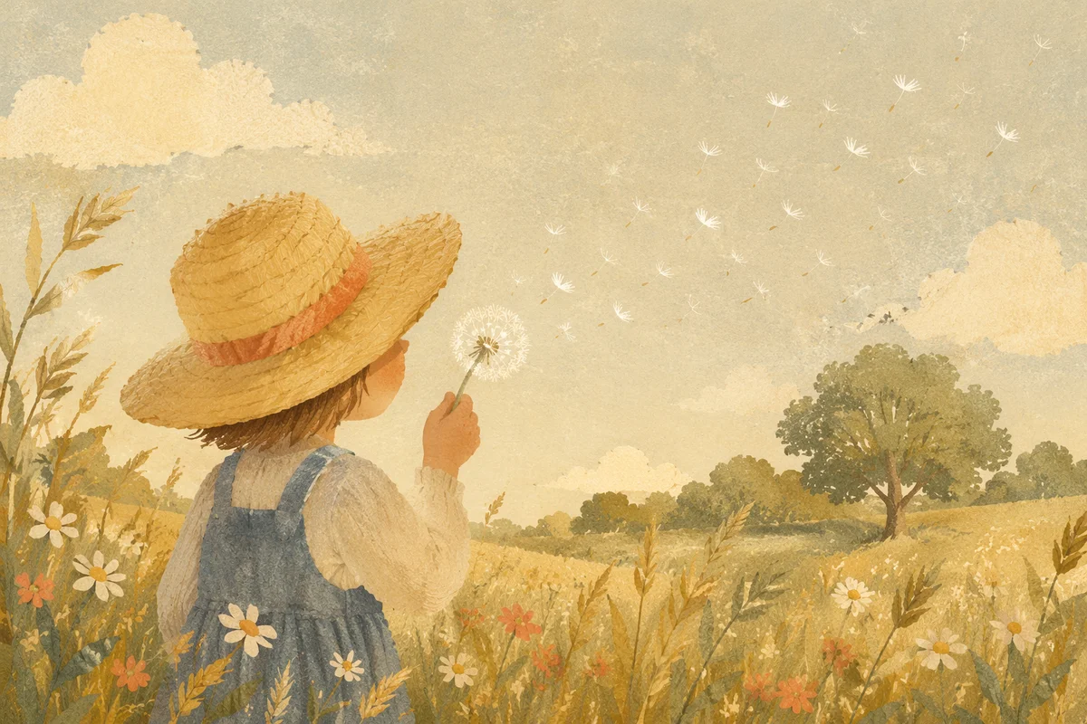 Child Blowing Dandelion Seeds in Summer Meadow