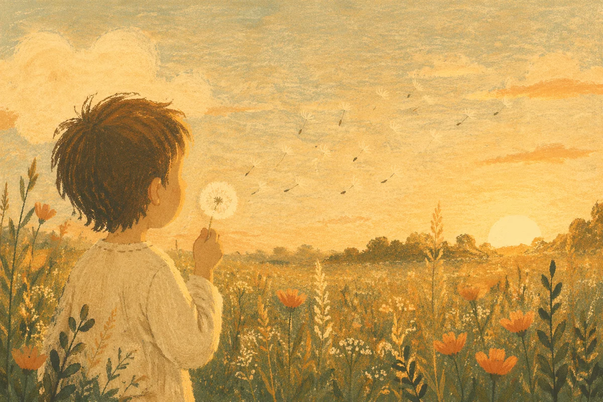 Child Blowing Dandelion Seeds at Sunset