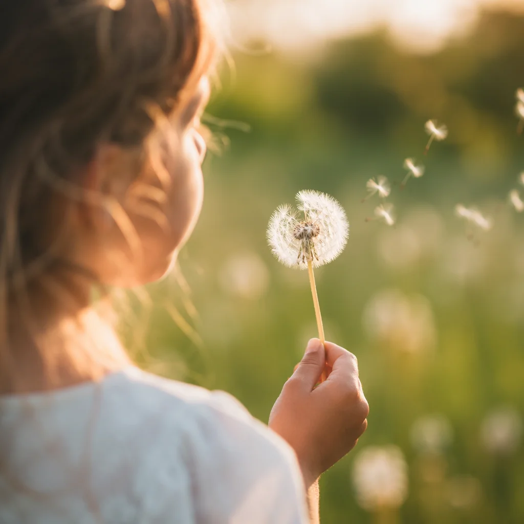 Child Blowing Dandelion in Summer Field