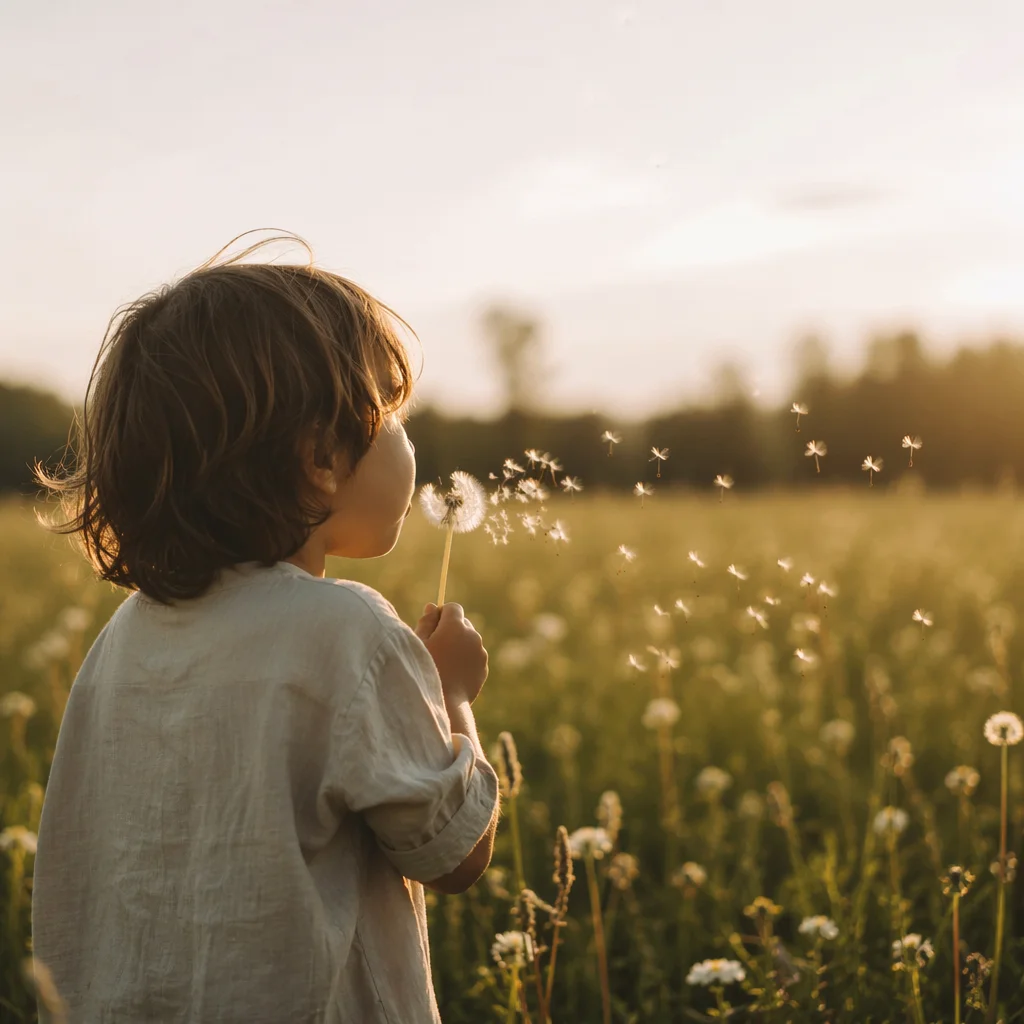 Child Blowing Dandelion Seeds at Sunset