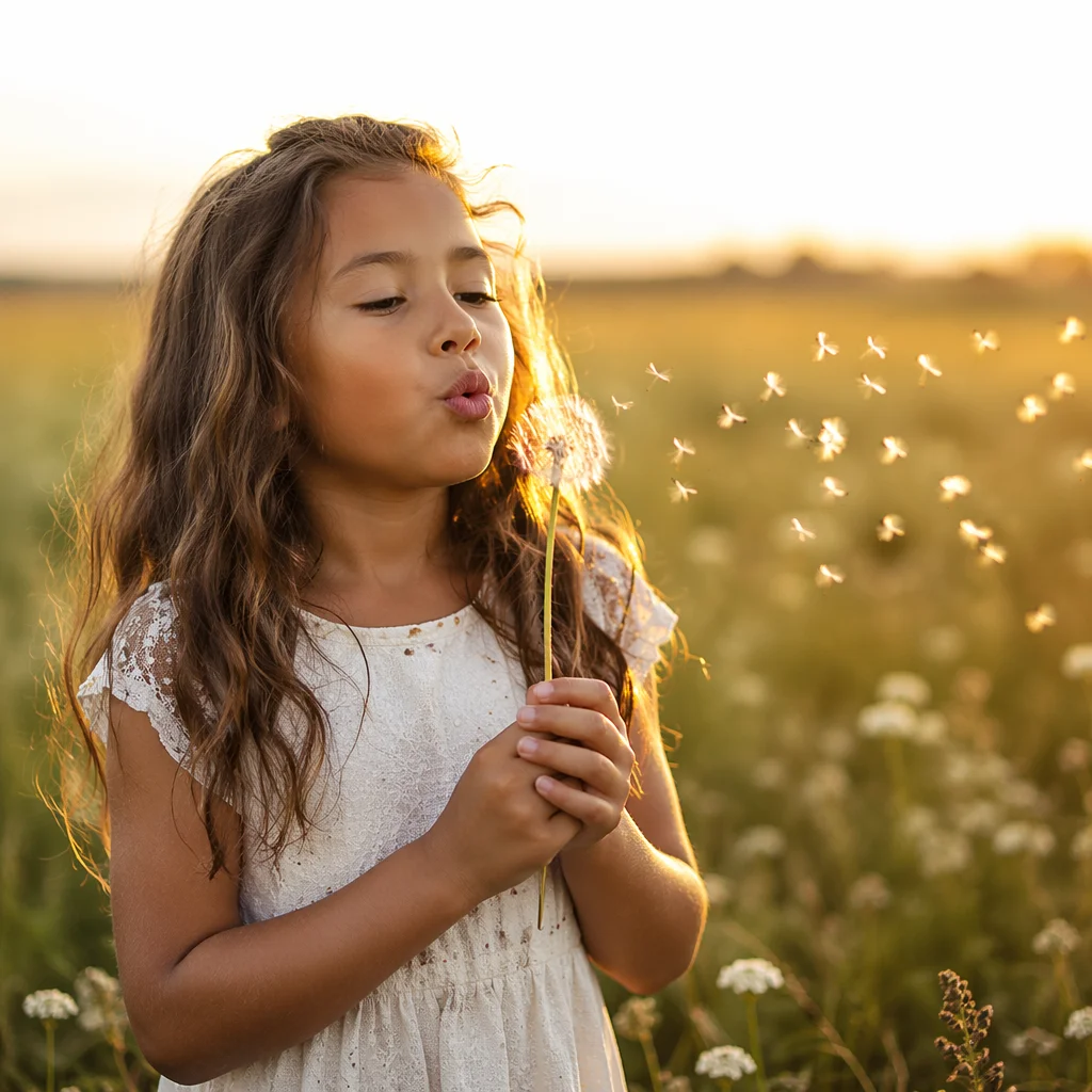 Child Blowing Dandelion in Summer Meadow