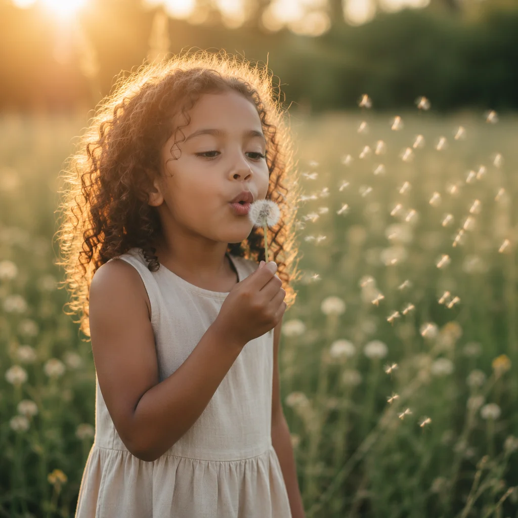 Young Girl Blowing Dandelion in Meadow